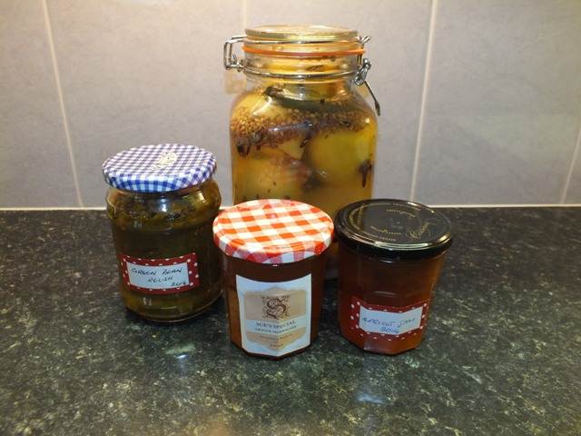 Jars of preserved fruit and vegetables
